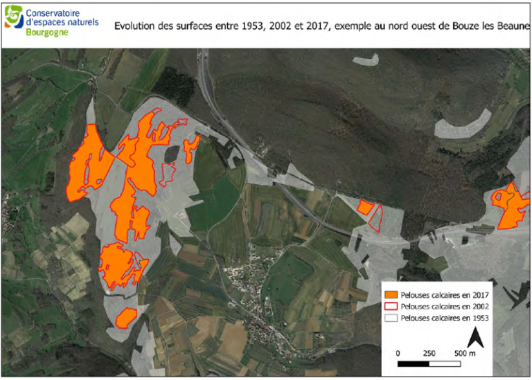 Évolution des pelouses calcaires sur 1953, 2002 et 2017.