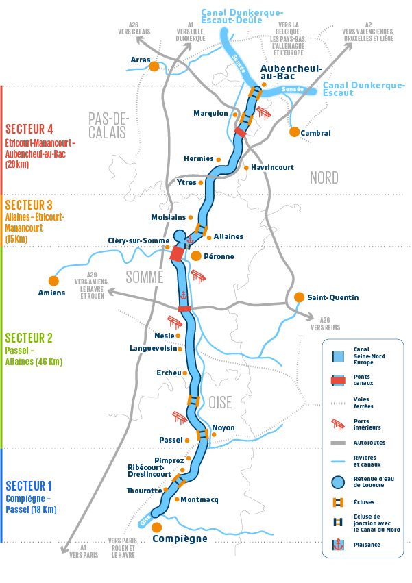 Le Canal Seine-Nord Europe reliera Compiègne à Aubencheul-au-Bac sur 107 km.