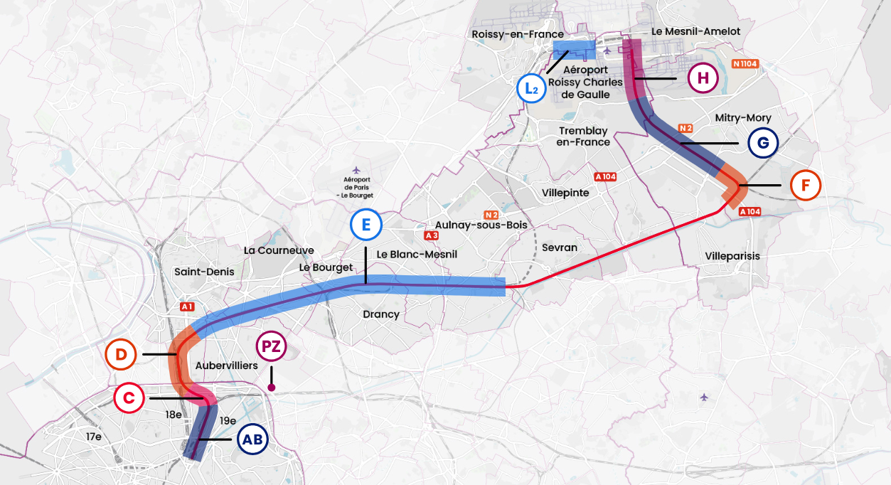 Carte du chantier CDG Express avec les différents tronçons de voies à créer et rénover.